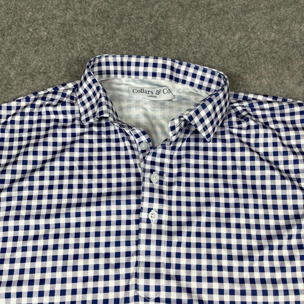 Collars & Co. Dress Collar Polo Shirt Lg Blue Gingham Stretch Golf Performance